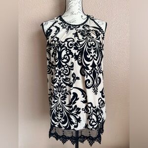Time Line  Sleeveless Damask Print Gothic Romantic Lace Trim Blouse M
